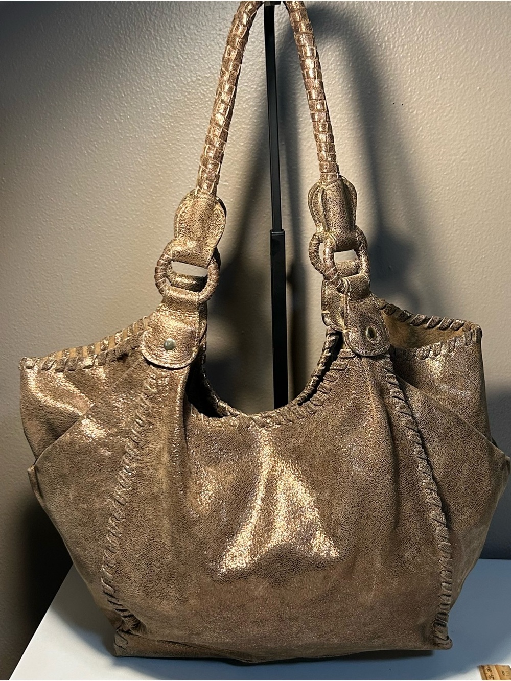Anthony Luciano Double Handle Leather Tote Bag Shoulder Bag Hobo Metallic Gold